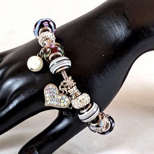 Black Silver Rhinestone Beaded Bracelet/2 Sterling Charms